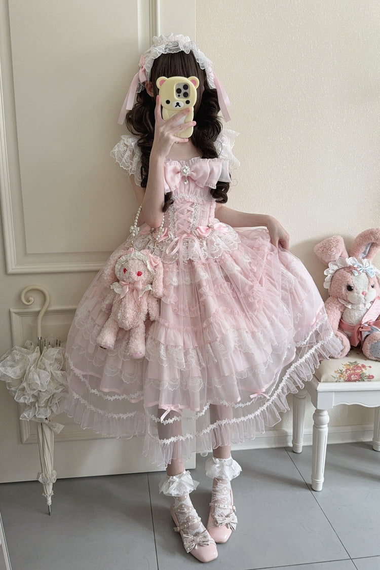Pink Eternal Vow Sleeveless Multi-Layered Ruffle Hanayome Bowknot Lace Lace-Up Sweet Lolita Jsk Dress