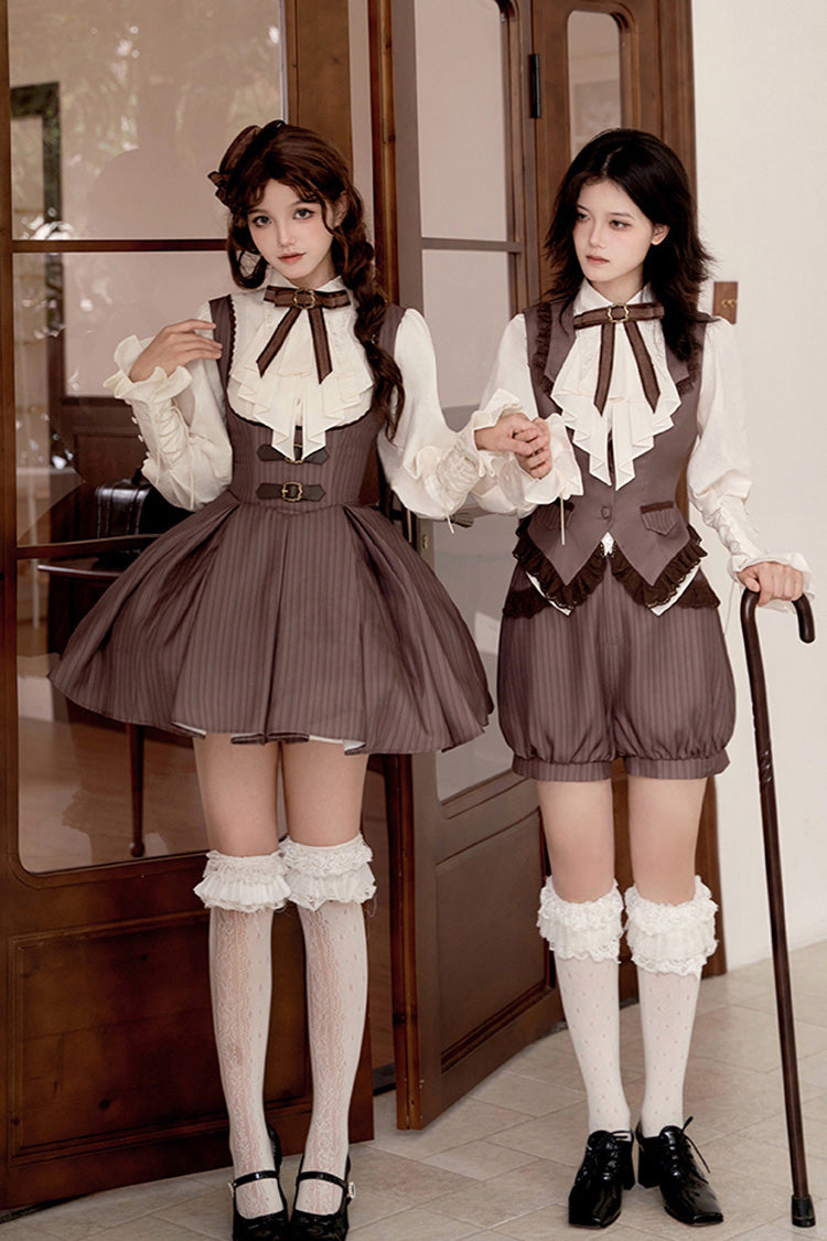 Brown Manchester City's Past Striped Print Breast Support Short Version Sweet Lolita Dress