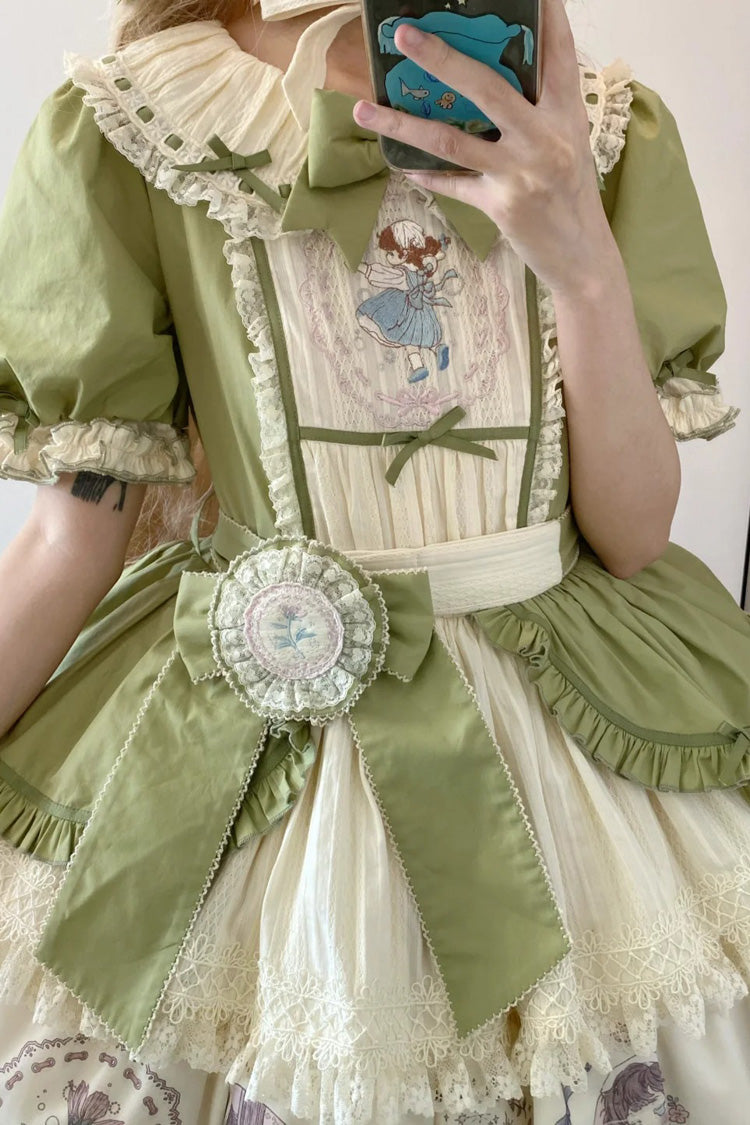 Green Little Ida's Flowers Short Sleeves Print Ruffle Bowknot Sweet Lolita Dress