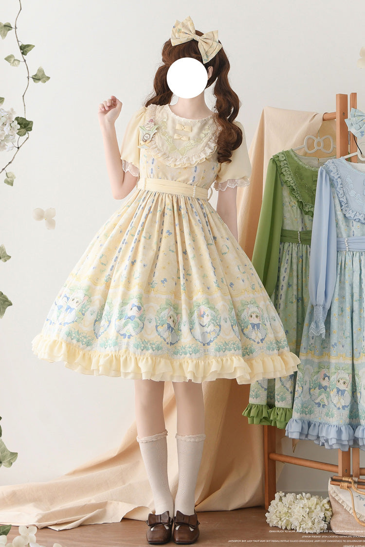Beige Lily of the Valley Cat Print Ruffle Embroidery Bowknot Sweet Lolita Dress
