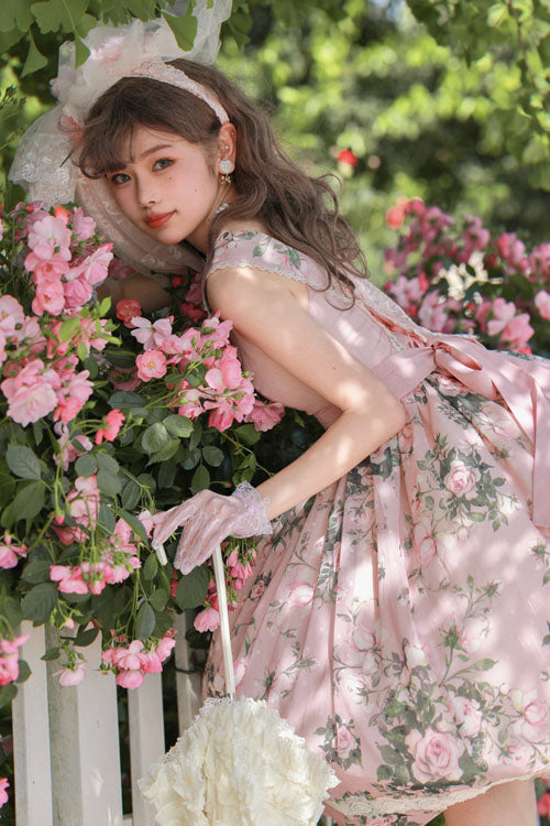 Pink Elegant Vintage French Rose Floral Print V Collar Sleeveless Ruffled Classic Lolita JSK Dress