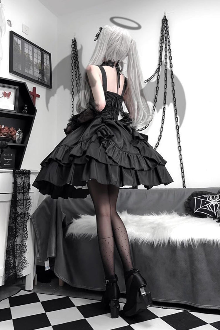 Black Butterfly Officer Triple-Layered Ruffle Bowknot Lace-Up Gothic Lolita Skirt Set