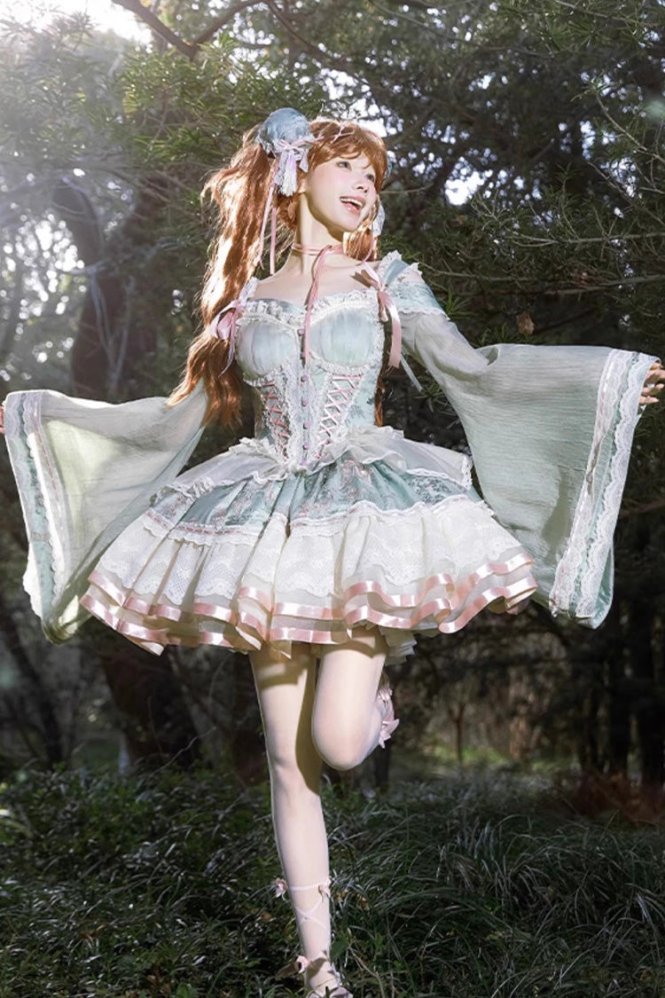 Green Waltz Multi-layer Print Ruffle Bowknot Sweet Chinese Style Elegant Lolita Jsk Dress