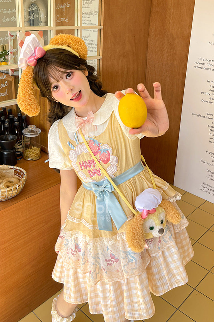 Yellow Happy Day Short Sleeves Triple-Layered Print Bowknot Lace Sweet Princess Lolita Dress