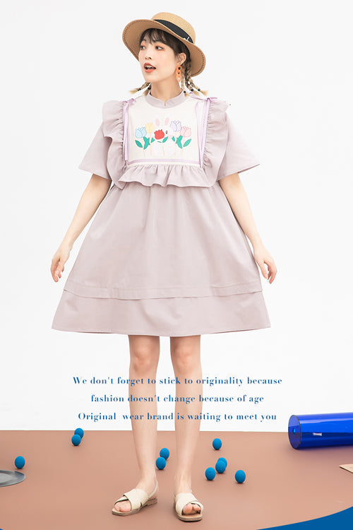 Pink Round Collar Cartoon Floral Print Ruffled Short Sleeves High Waisted Sweet Lolita Dress
