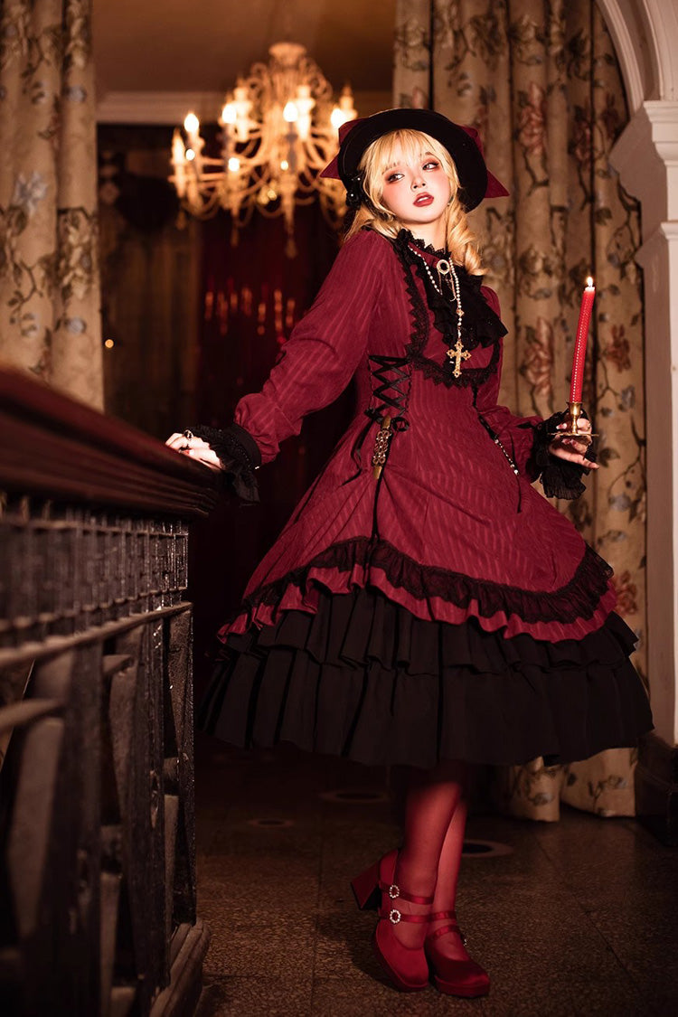 Point Manor Solid Color Stand Collar Long Sleeves Multi-layer Ruffle Gothic Lolita Dress 5 Colors