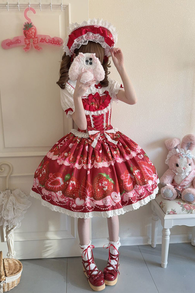 Sweet Berry Tale Strawberry Print Ruffle Bowknot Lace Sweet Lolita Jsk Dress 4 Colors