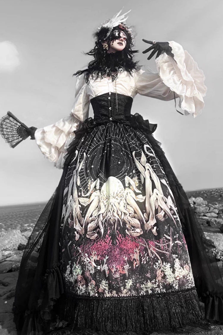 Black Reborn Ancient God Long Hime Sleeves Print Lace Gothic Lolita Skirt Dress Set