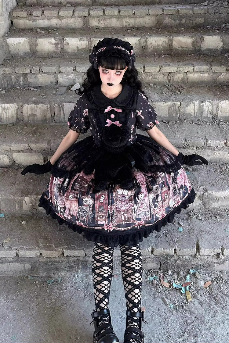Black The Case of the Missing Lamb Print Long Sleeves Ruffle Bowknot Lace Gothic Lolita Dress