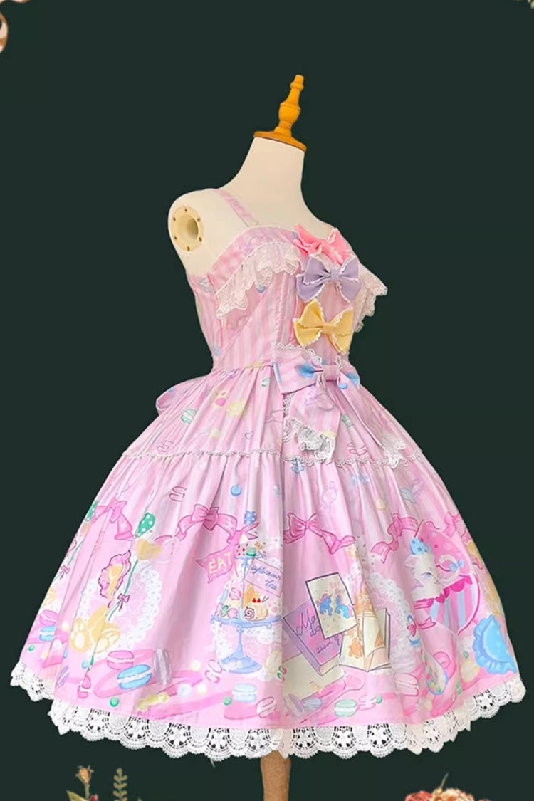 Pink Macaron Dolly House Sleeveless Print Bowknot Sweet Lolita Jsk Dress