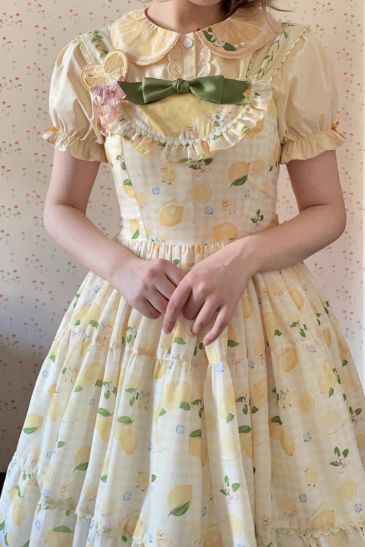 Yellow Lemon Chicken Print Ruffle Bowknot Lace Sweet Lolita Jsk Long Dress