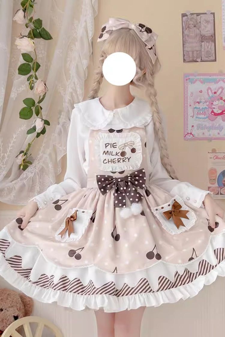 Multi-Color Cherry Milk Pie Print Ruffle Bowknot Stitching Sweet Lolita Jsk Dress
