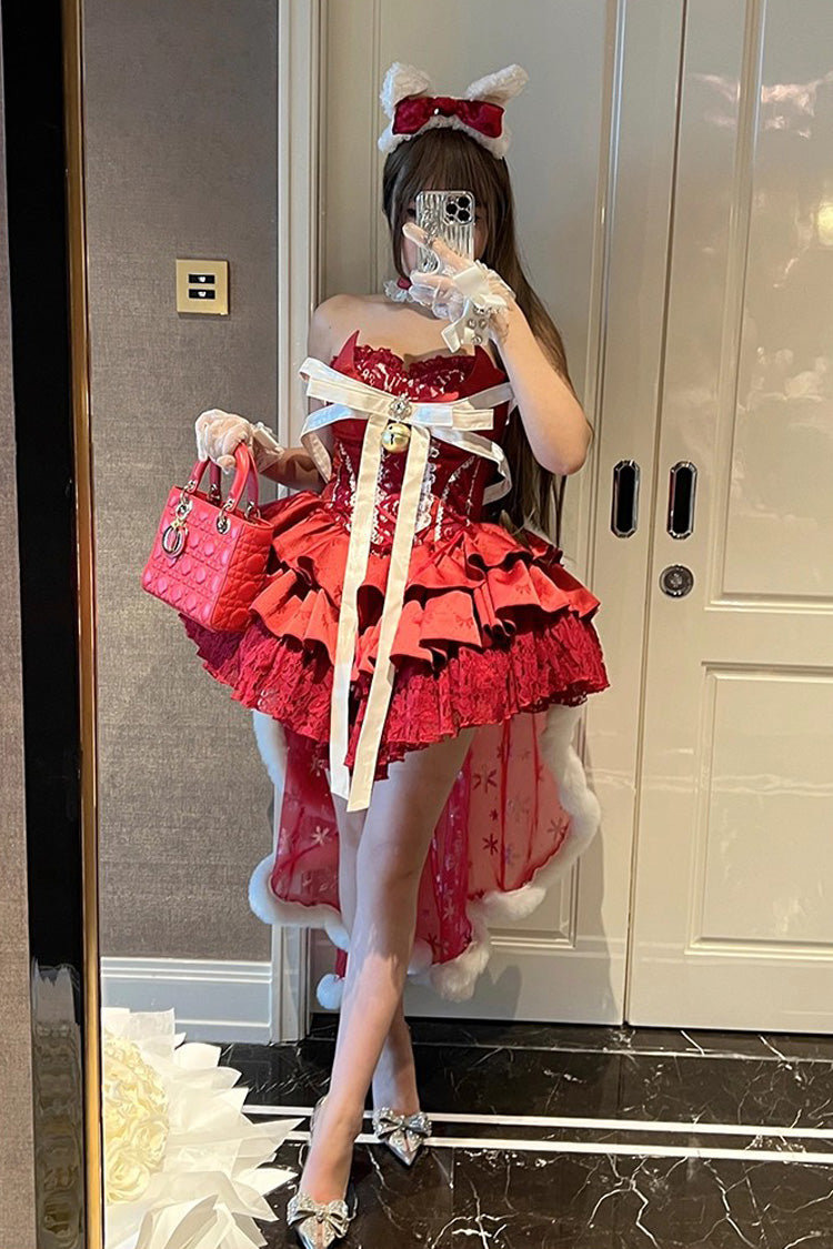 Red Holiday Lovers Sleeveless Triple-Layered Ruffle Hollow Bowknot Lace-Up Princess Ballet Sweet Lolita Dress
