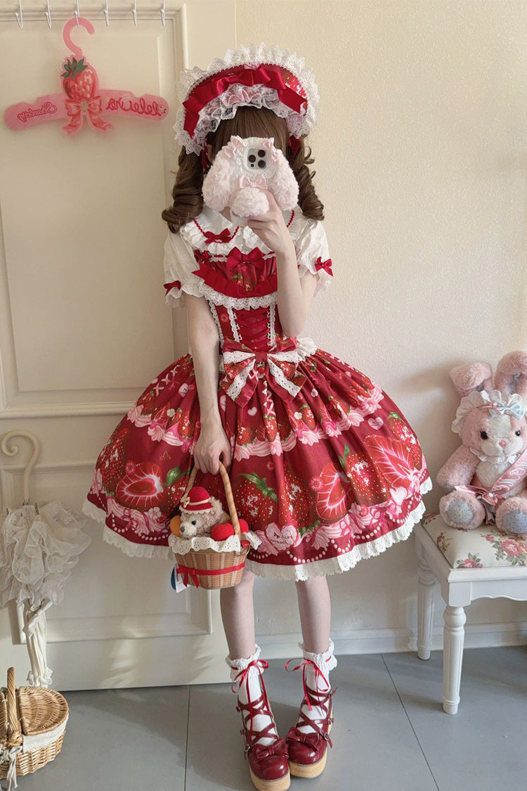 Sweet Berry Tale Strawberry Print Ruffle Bowknot Lace Sweet Lolita Jsk Dress 4 Colors