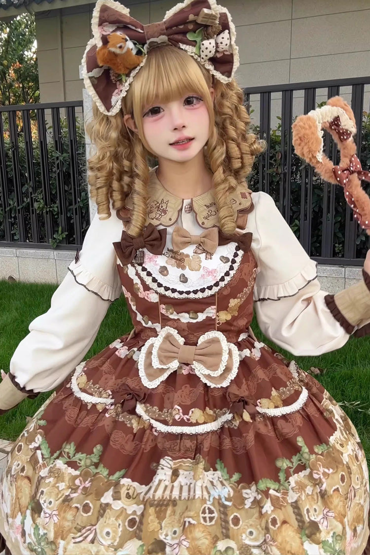 Brown Squirrel Chocolate Shop Sleeveless Printed Ruffled Bow Sweet Lolita JSK Dress with Blouse
