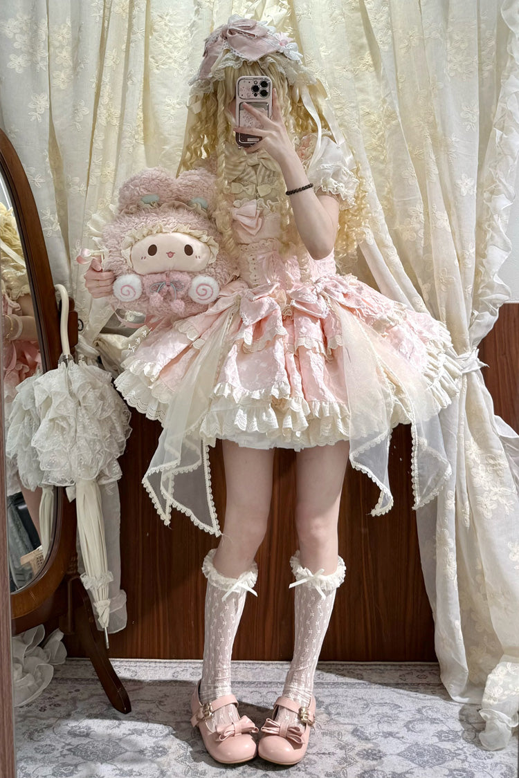 Pink Sleeveless Multi-Layered Ruffled Bow Sweet Princess Ballet Lolita Jsk Dress