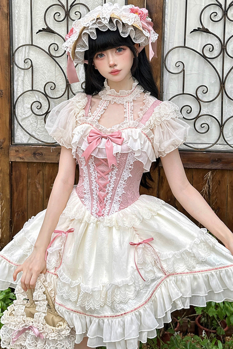 White/Pink Secret Garden Multi-layer Ruffle Bowknot Lace-Up Sweet Princess Lolita Jsk Dress