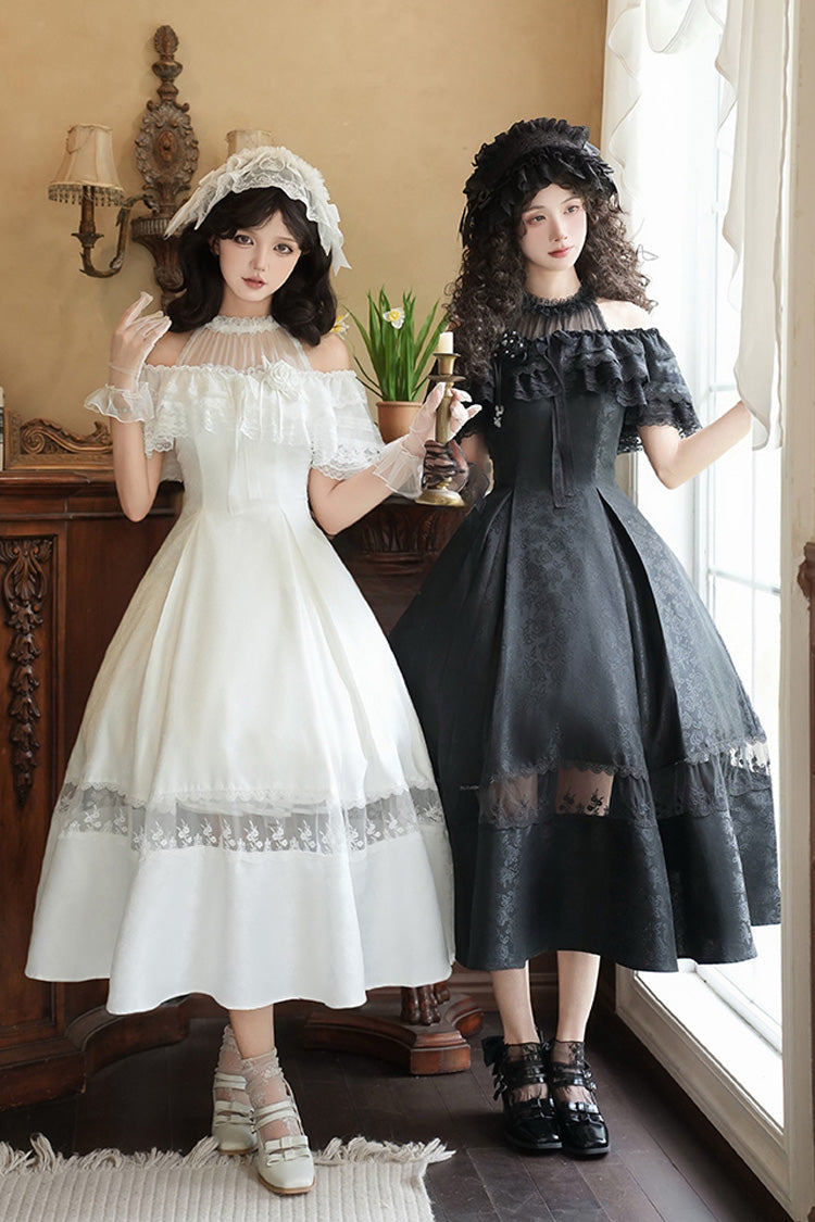 Black Flowers in the Mist Off Shoulder Halterneck Print Ruffle Gothic Elegant Lolita Dress