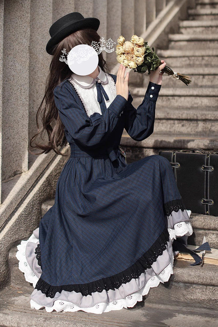 Dark Blue Phyllis Plaid Print Ruffle Bowknot Lace Vintage Elegant Lolita Dress