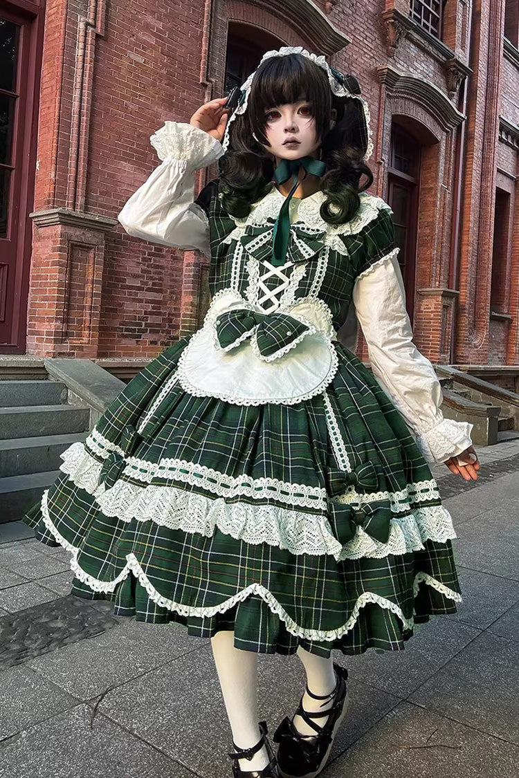 Green Gingham Petal Bunny Short Sleeves Printed Ruffled Bow Sweet Lolita OP Dress