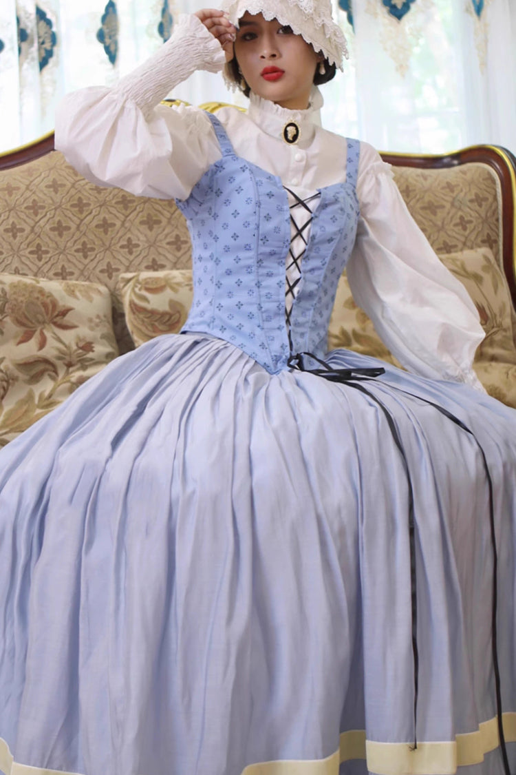 Light Blue Bashu Girl Long Puff Sleeves Print Lace-Up Fishbone Corset Sweet Lolita Skirt Dress Three-Piece Set
