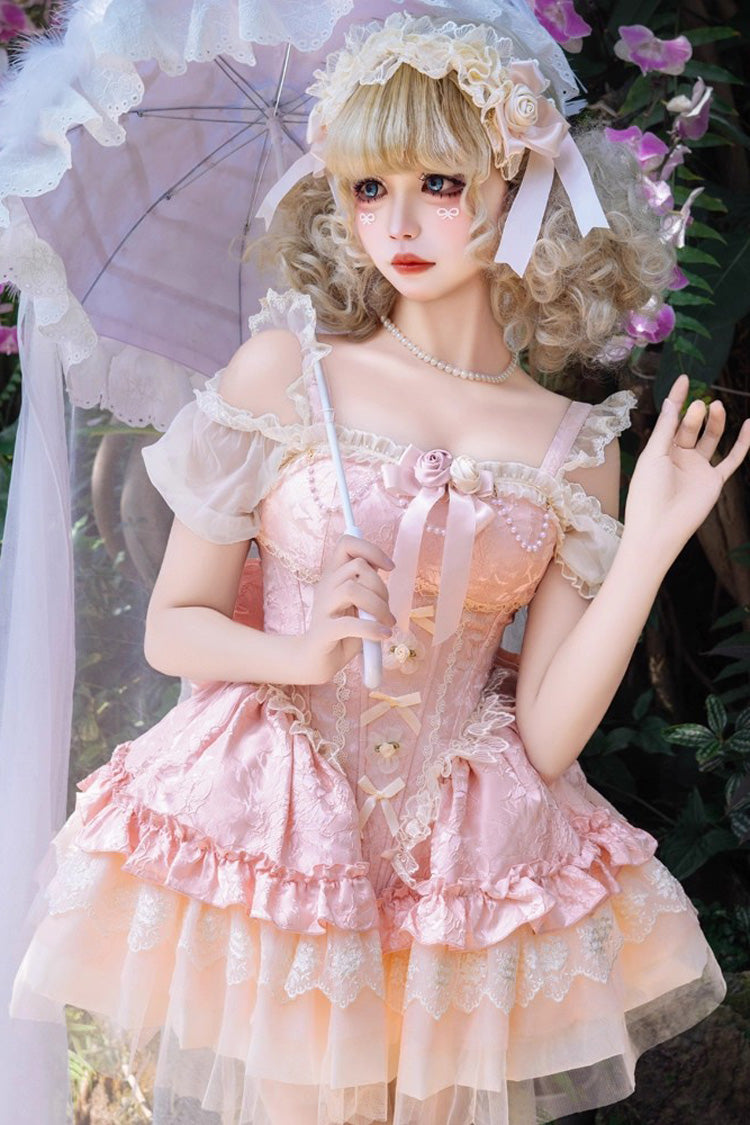 Pink Fleeting Light and Shallow Dream Sleeveless Multi-Layered Ruffle Bowknot Lace Slim Sweet Ballet Lolita Jsk Dress