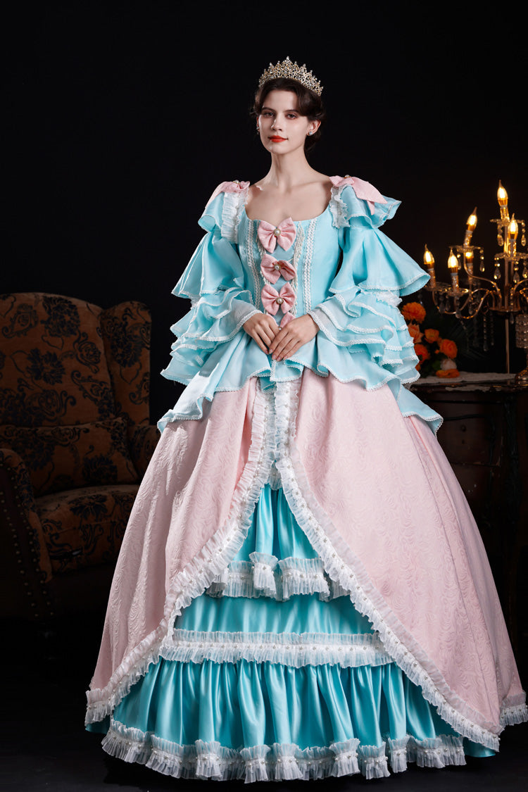 Blue/Pink Square Collar Long Trumpet Sleeves Triple-Layered Ruffled Open-Front Bow Classic Vintage Palace Lolita Victorian Dress