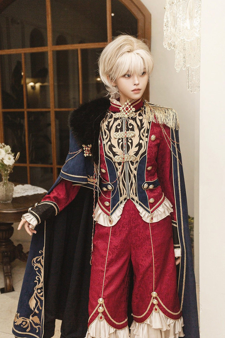 Red/Blue Royal Glory Stand Collar Long Sleeves Ruffled Embroidered Gothic Vintage Prince Palace Ouji Lolita Set