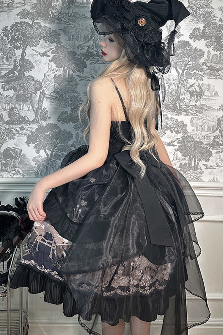 Black The Mystery of The Doll Halterneck Print Ruffle Bowknot Drawstring Gothic Lolita Dress