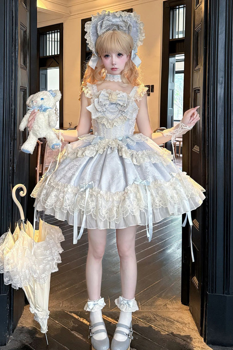 Blue Blossoming Heart Love  Sleeveless Dark Jacquard Print Bowknot Lace Sweet Lolita Jsk Dress