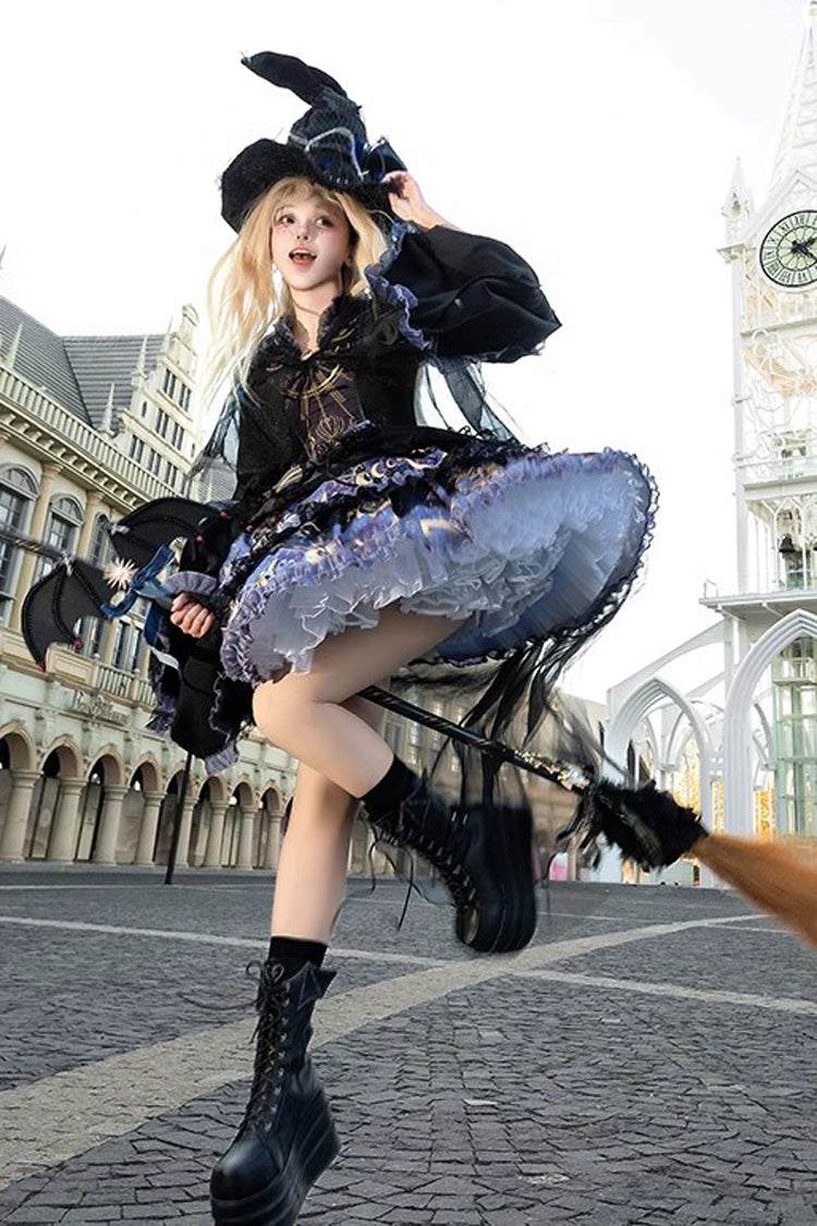 Black Astrology Cat Long Sleeves Double-Layered Print Ruffle Lace Gothic Lolita Dress