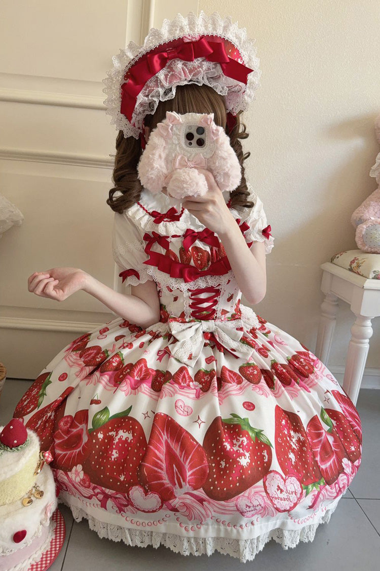 Sweet Berry Tale Strawberry Print Ruffle Bowknot Lace Sweet Lolita Jsk Dress 4 Colors