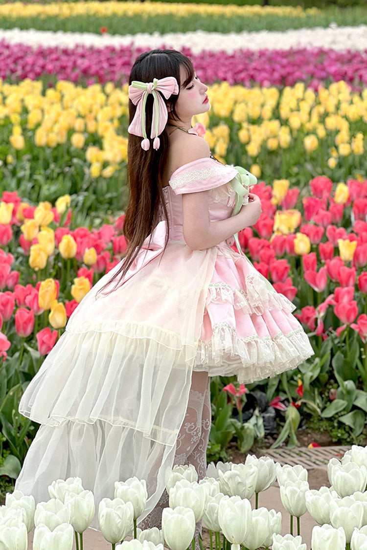 Pink Tulip Love Song Boat Neck Double-Layered Ruffle Bowknot Lace Lace-Up Romantic Sweet Princess Lolita Dress