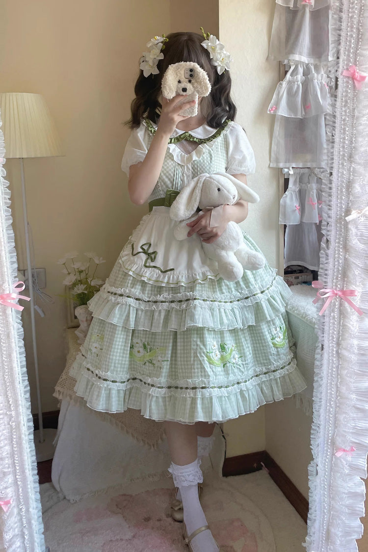 Green Doll Collar Short Sleeves Plaid Print Ruffle Hollow Embroidery Bowknot Sweet Elegant Lolita Dress