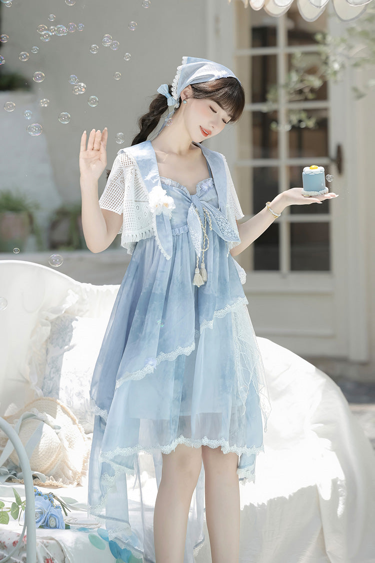Blue Clouds Resting in the Wilderness Print Ruffle Embroidery Bowknot Lace Irregular Lolita Jsk Dress
