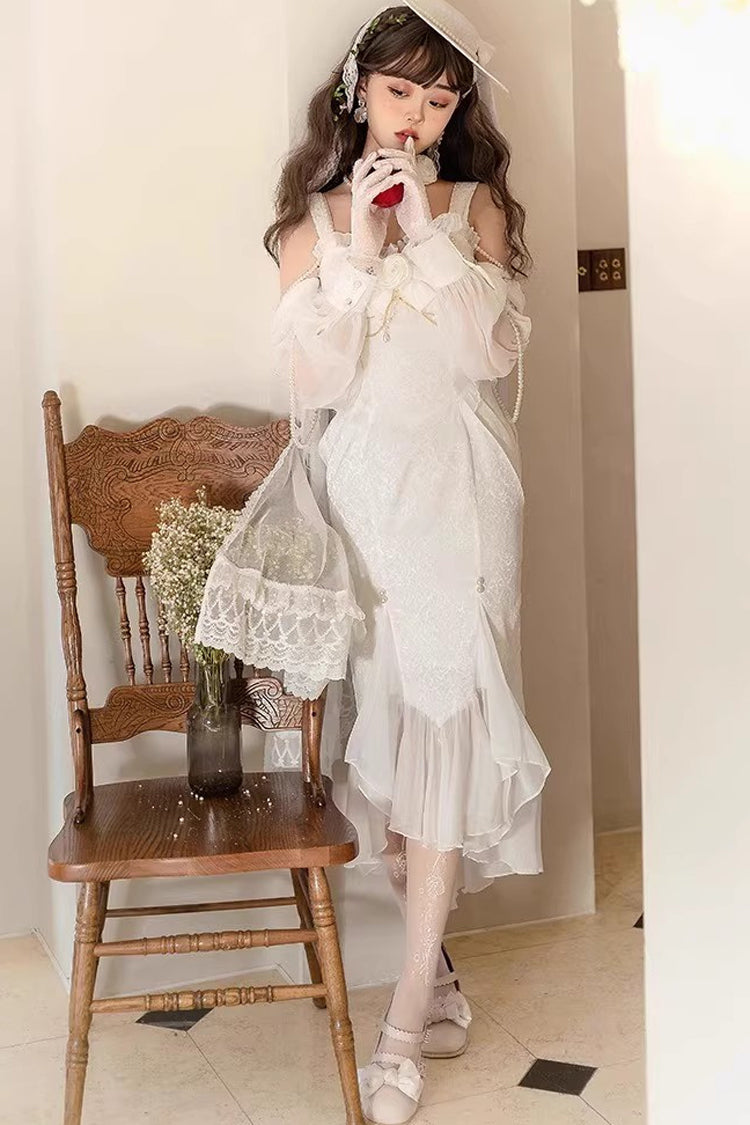 White Camellia 1.0 Sleeveless Jacquard Ruffle Lace Sweet Chinese Style Lolita Jsk Fishtail Dress