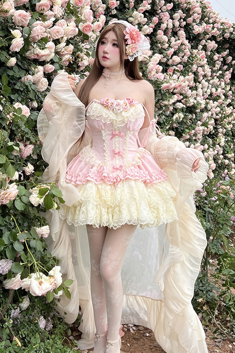 Pink Pure Dream Flower Love Multi-Layered Ruffle Embroidery Bowknot Lace Sweet Lolita Jsk Dress