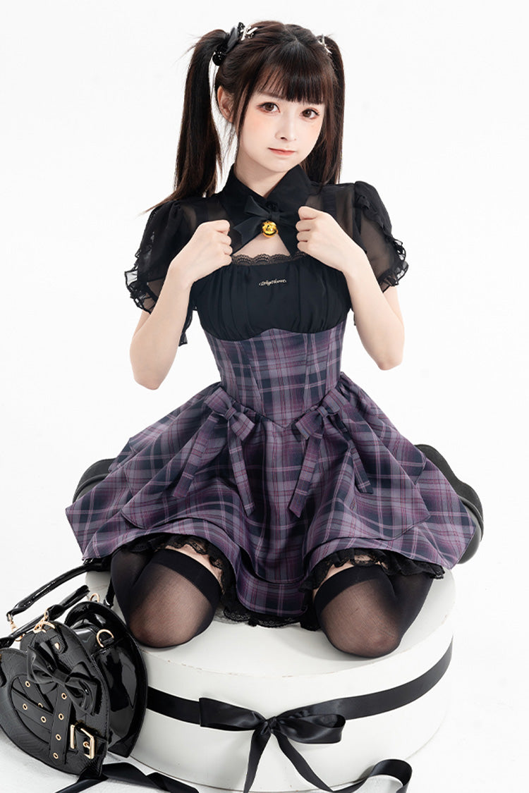 Purple Magic Cat Double-Layered Stripe Print Bowknot Sweet Lolita Jumper Dress