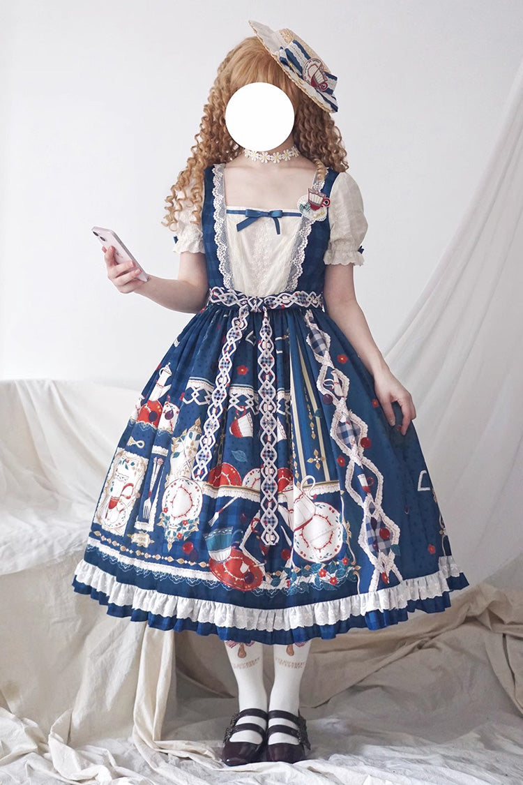 Dark Blue Tea Party Short Sleeves Print Ruffle Bowknot Lace Sweet Elegant Lolita Dress