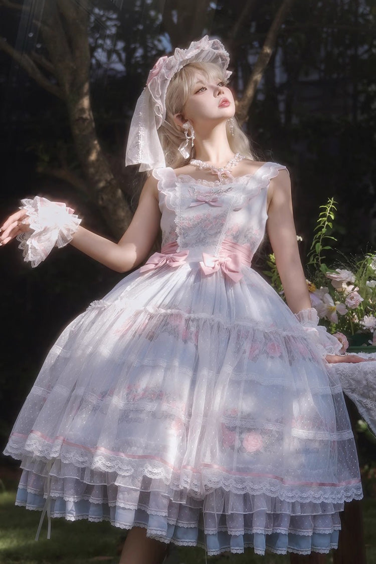 Multi-Color Rose Flower Cage Print Ruffle Bowknot Sweet Elegant Lolita Jsk Dress