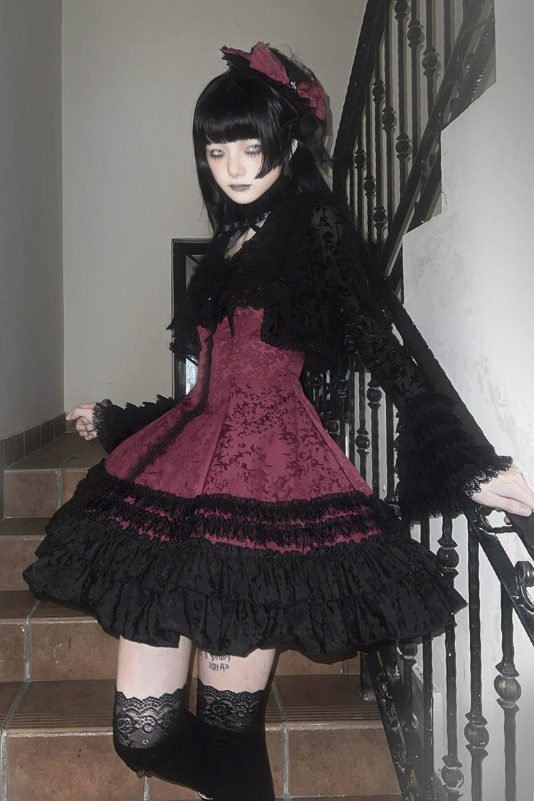 Escape Double-Layered Jacquard Striped Printed Ruffled Slim Gothic Lolita Jumper Dress 3 Colors