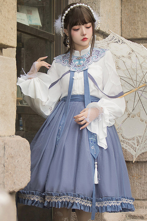 White/Blue Chinese Style Hollow Long Sleeve Classic Lolita Dress Full Set