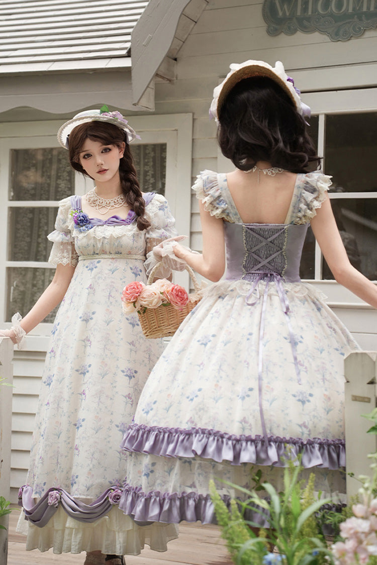 Purple/Ivory Iris Secrets Double-Layered Print Ruffle Bowknot Lace-Up Fake Two Pieces Sweet Lolita Jsk Dress