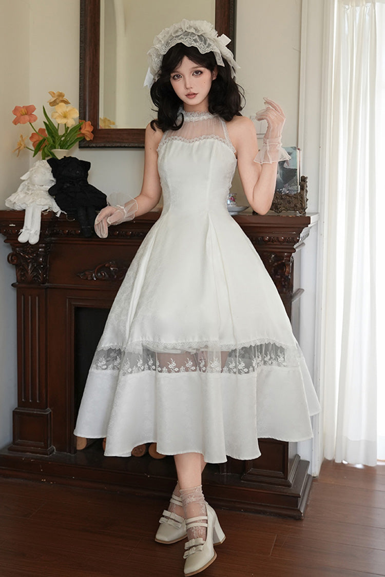 White Flowers in the Mist Off Shoulder Halterneck Print Ruffle Gothic Elegant Lolita Dress