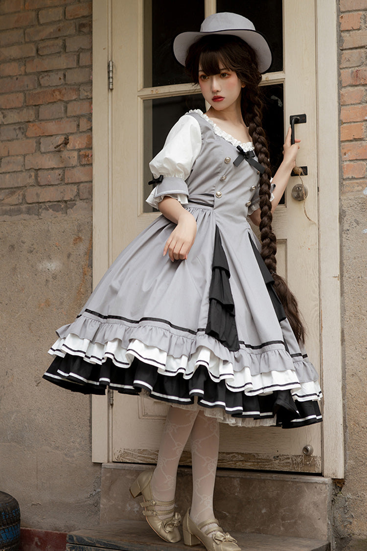 Gray Steel Rose Ruffle Bowknot Vintage Elegant Princess Lolita Dress