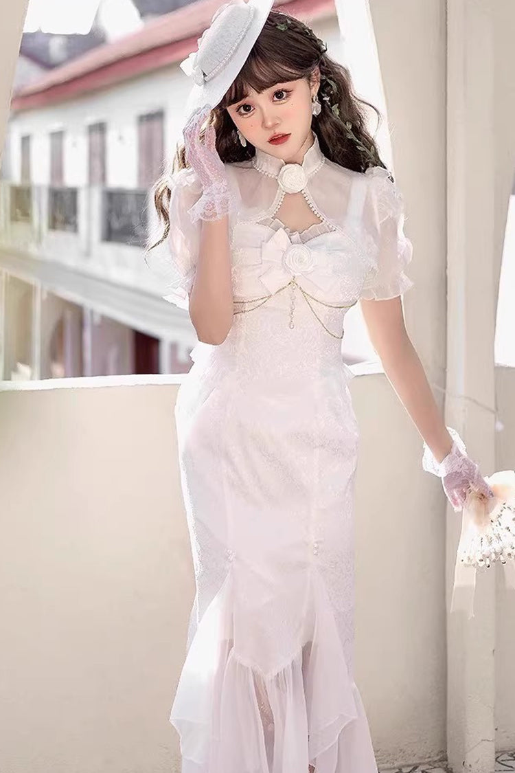 White Camellia 1.0 Sleeveless Jacquard Ruffle Lace Sweet Chinese Style Lolita Jsk Fishtail Dress