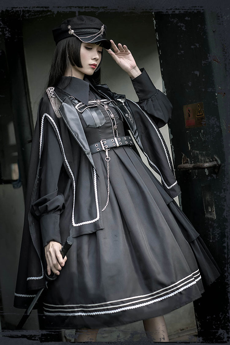 Dark V Neck Bowknot Rivets Epaulettes Sleeveless Military Uniform PU Gothic Lolita Jsk Dress