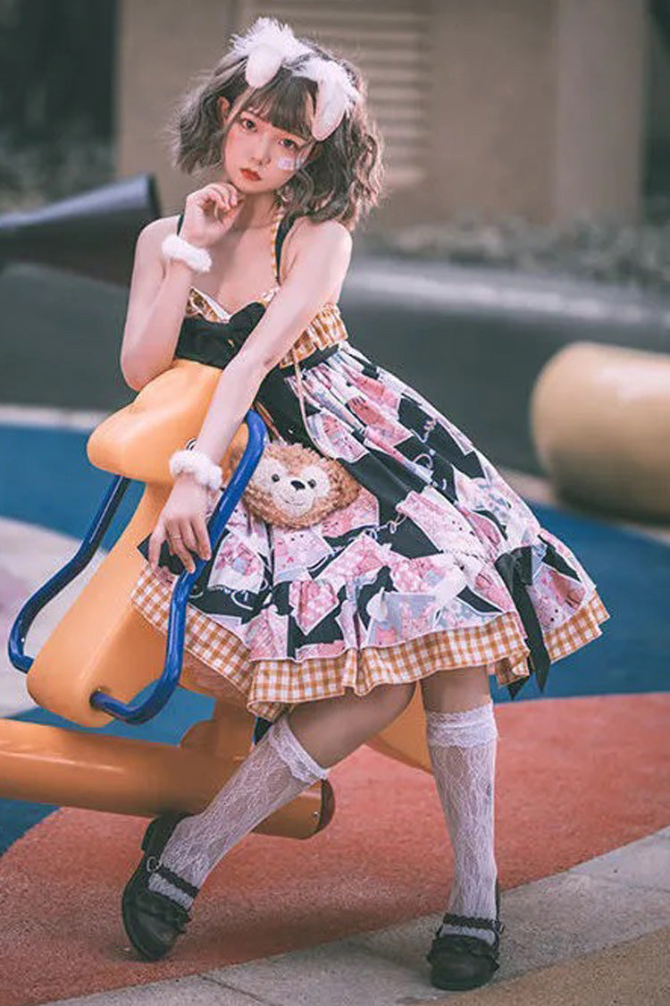 Detachable Shoulder Strap & Bowknot Print Stitching Ruffled Sweet Lolita Jsk Dress