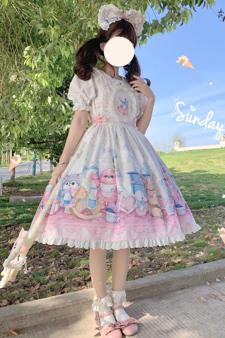 White/Pink Duck Bear Toys Print Short Sleeves Ruffle Bowknot Sweet Lolita Dress