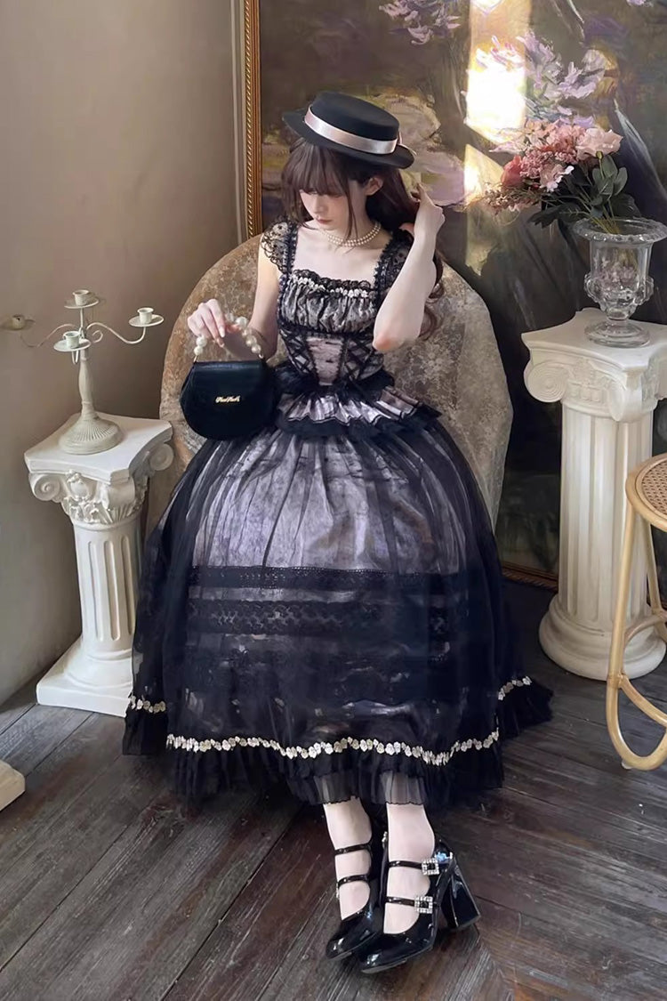 Grey/Pink Mist-shrouded Vineyard Sleeveless Ruffle Bowknot Lace-Up Sweet Lolita Jsk Skirt Dress Set